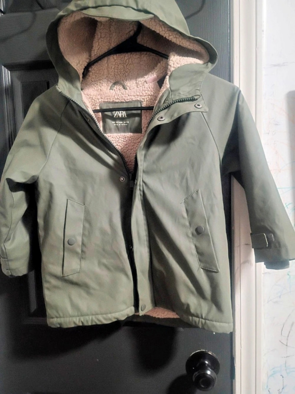 Zara Shearling Lined Hoodie Jacket Girls Green & Pink